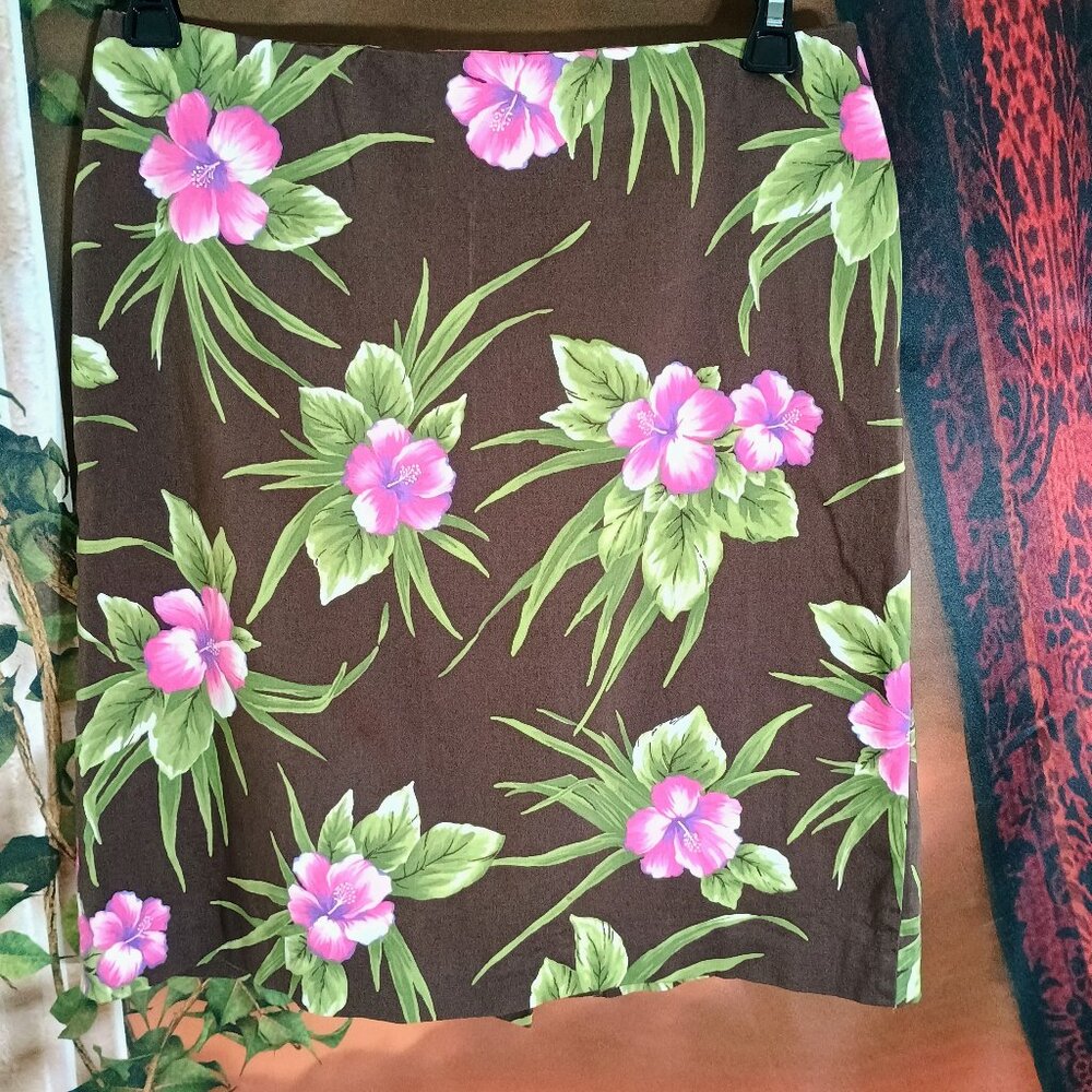 Jones New York Sze10 Brown & Pink Floral Tropical Hibiscus Stretch Skirt